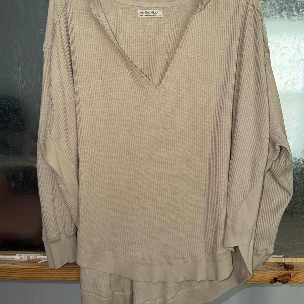 Free People Taupe Waffle V-Neck Long Sleeve Top
